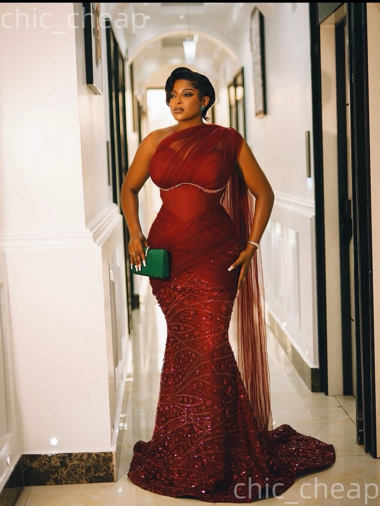 Aso Ebi Burgundy Mermaid Prom Dresses 2026 One Shoulder Crystals Sequined Evening Formal Party Second Birthday Engagement Gowns Dress For Special Occa