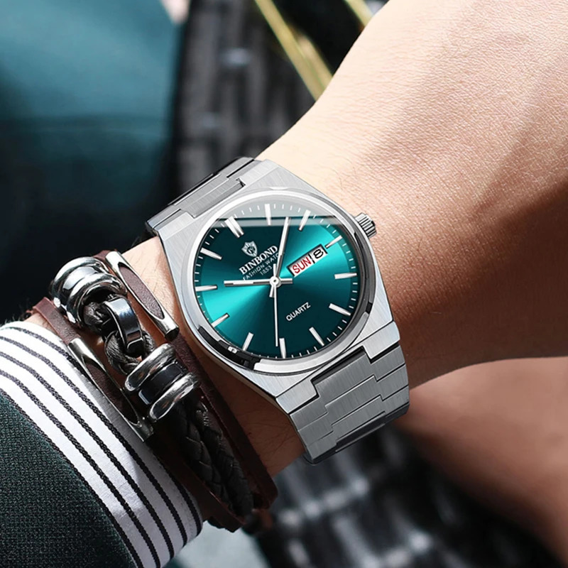 BINBOND Top Men Quartz Watches Original Watch for Man Waterproof Luminous Date Week Stainless Steel Wristwatch Male 260114