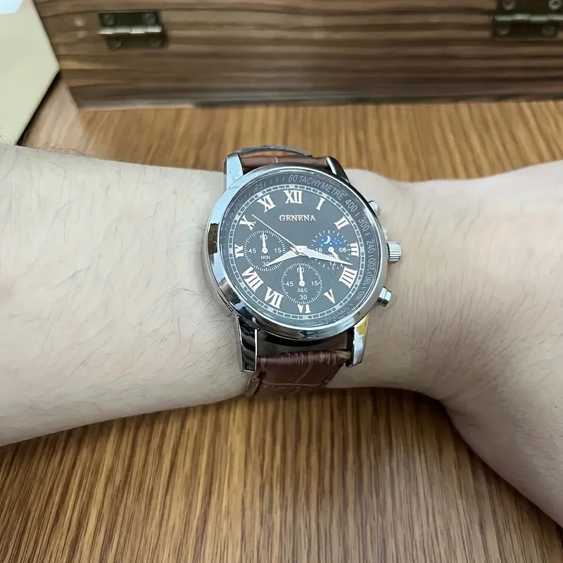 GENEVA High Quality Mens Belt Fashion Quartz Watch Men Round Business Student Sport Waterproof Glow Clock 260114