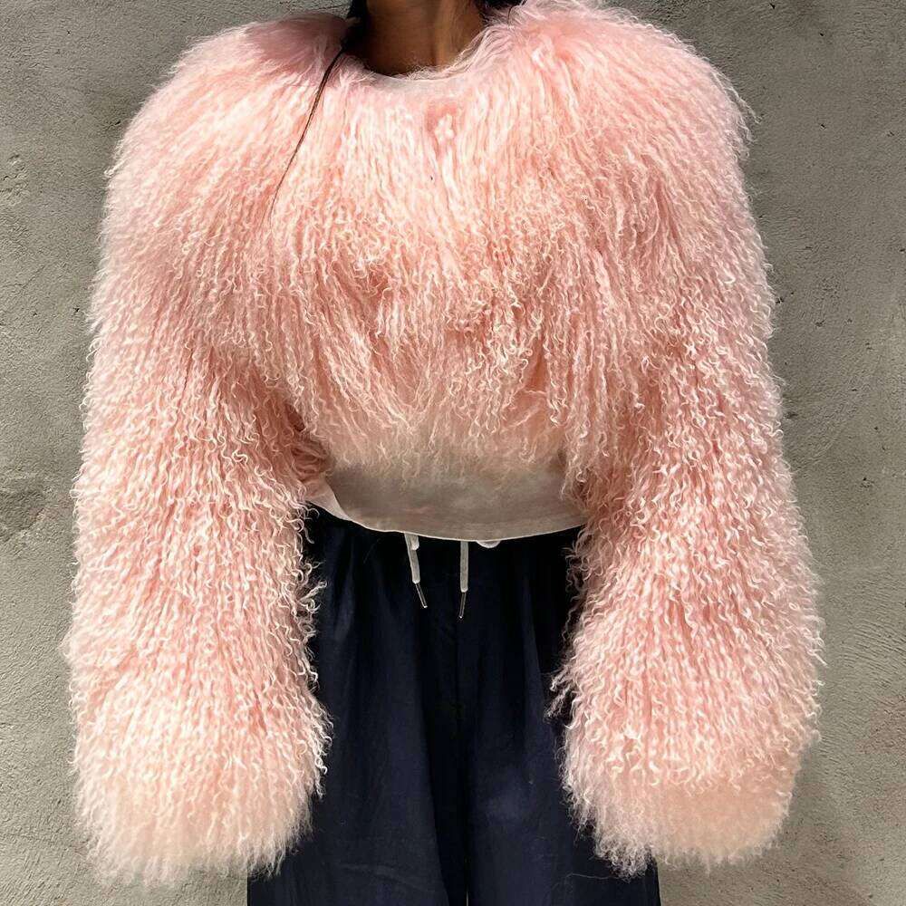 Designer Clothes Pink Cropped Mongolian Warm Curly Jacket Winter Natural Sheep Fur Coat Hot Selling