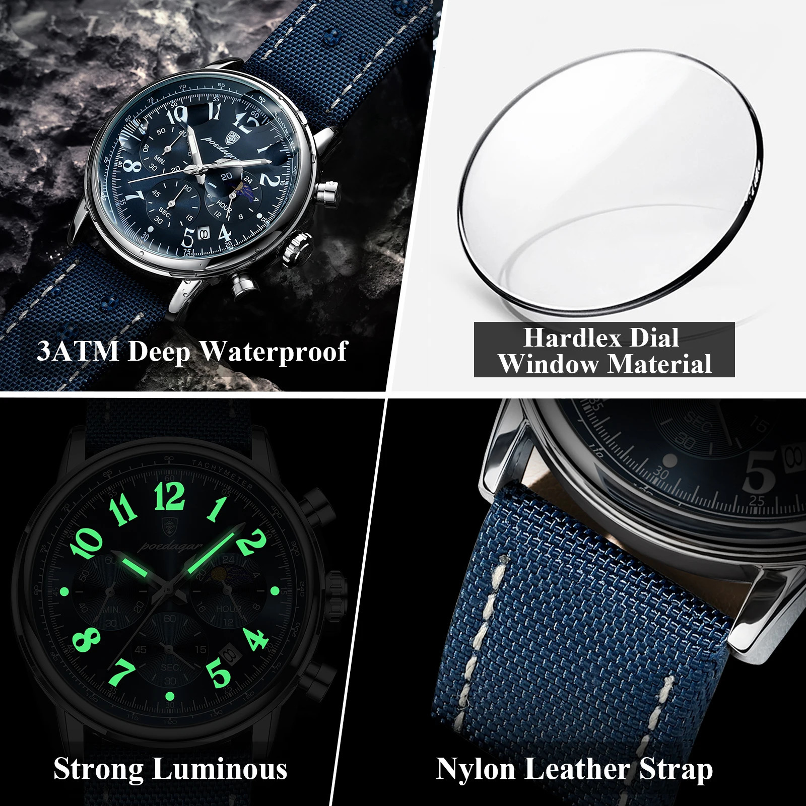 POEDAGAR Sports Military Men Watch Waterproof Luminous Chronograph Nylon Leather Date Man Wristwatch Quartz Mens Watches 260114