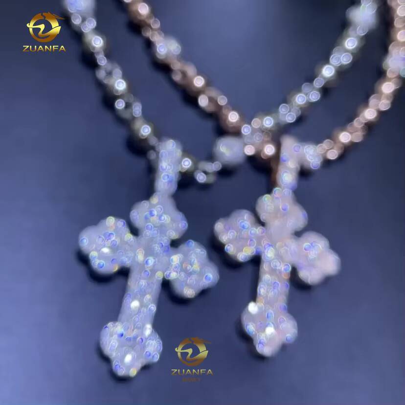 Wholesale Price Hip Hop Luxury Gold Rose Gold Silver Vvs baguette Moissanite Diamond Iced Out Cross Pendant Necklace