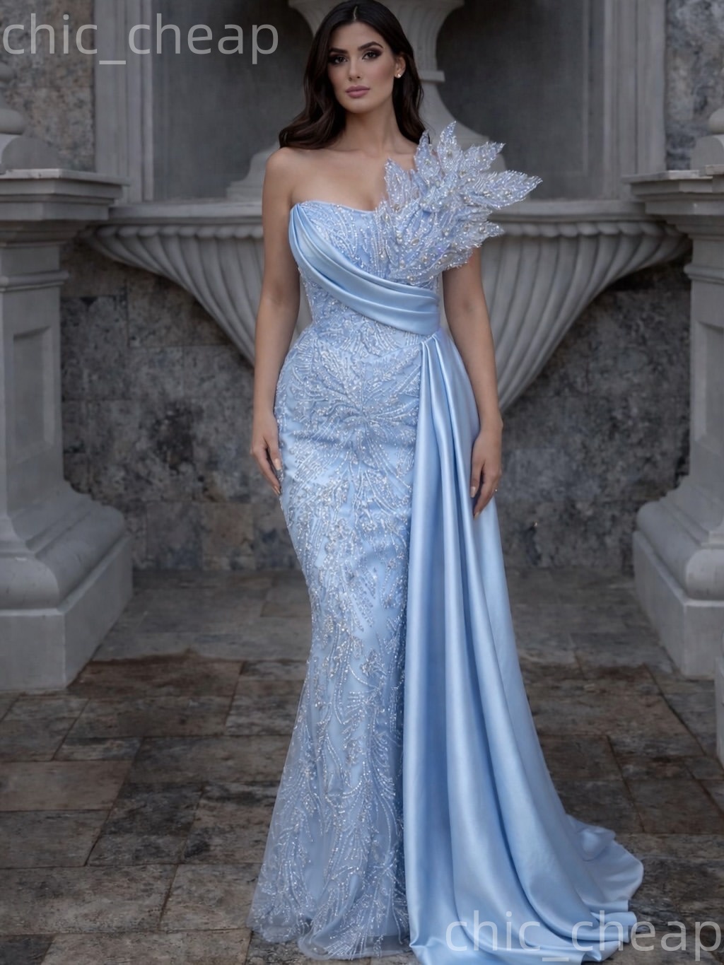 Aso Ebi Light Sky Blue Mermaid Prom Dresses 2026 One Shoulder Crystals Florals Evening Formal Party Second Birthday Engagement Gowns Dress For Special