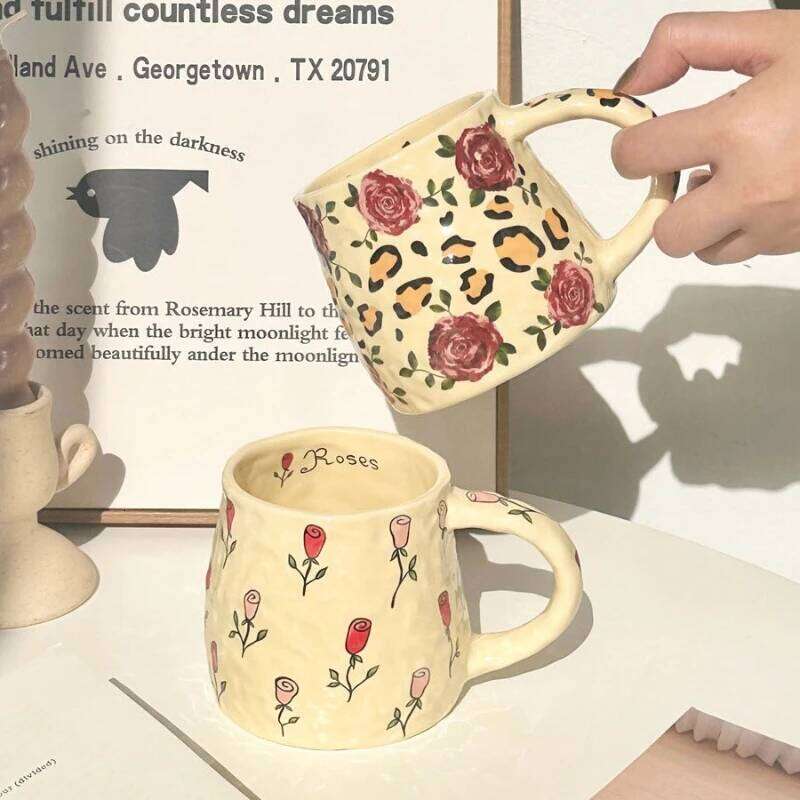 Tulip and Rose Ceramic Coffee Mug Handmade Irregular Shape for Tea Water Home Use Unique Design Gift