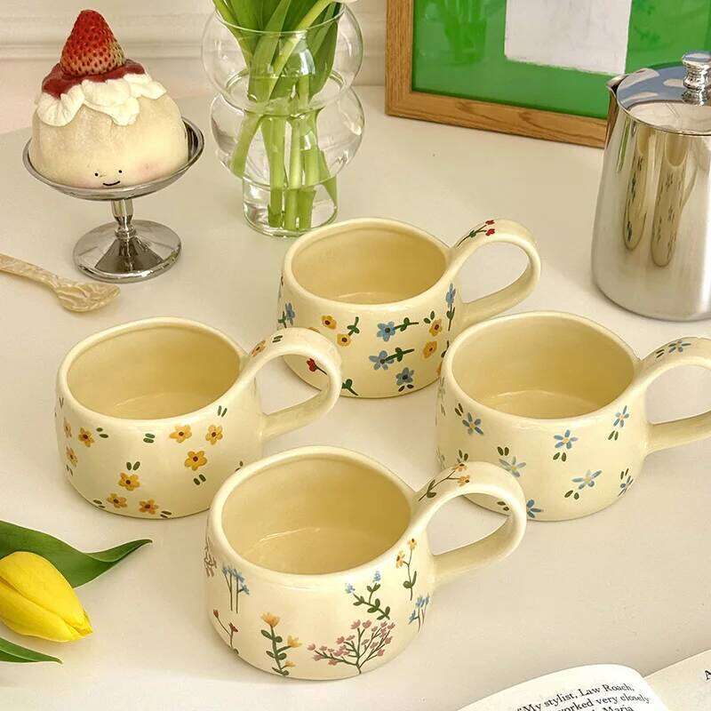 Style Ceramic Mug Cute Hand Pinched Irregular Small Flower Pattern Coffee Cup Breakfast Milk Tea Cups Gift for Kids Girls