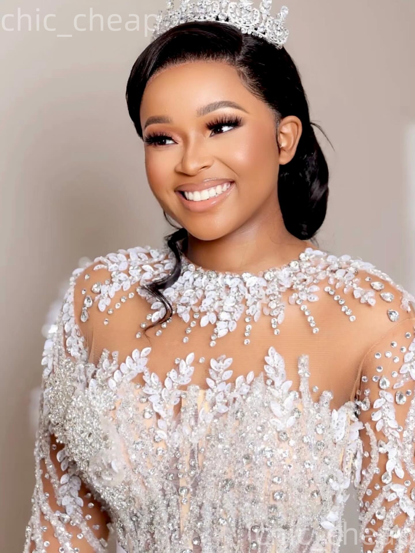 African Aso Ebi 2026 Ivory Mermaid Wedding Dress Beaded Crystals Lace Sheer Neck Luxurious Detachable Train Vintage Bridal Gowns Dresses ZJ233