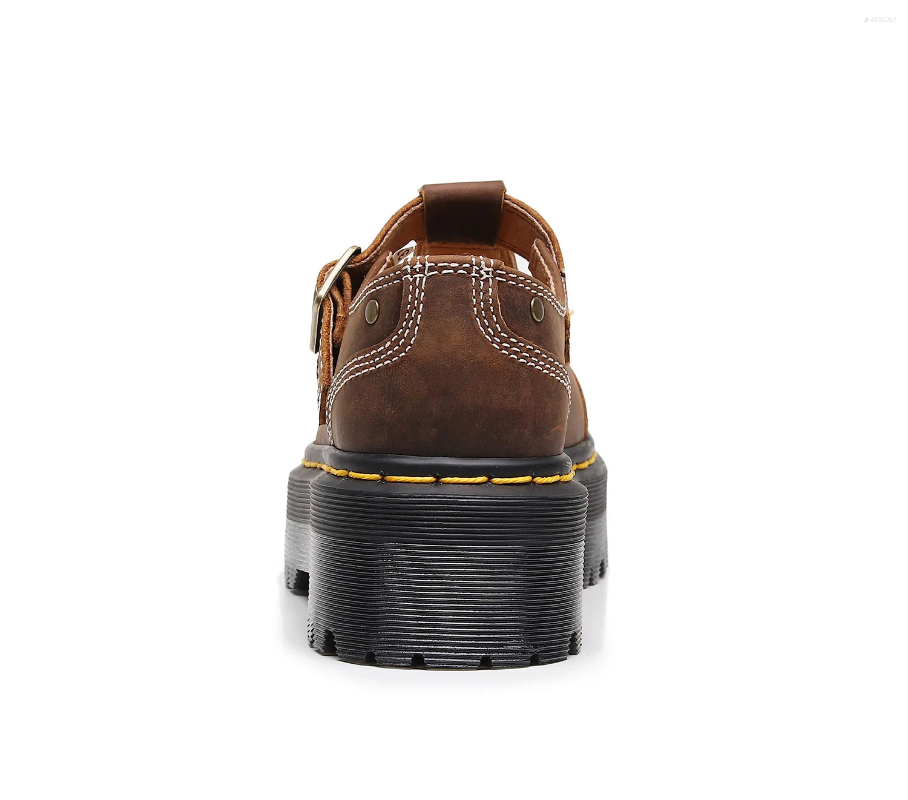 Casual Shoes Crazy Horse Cow Leather Women Thick Bottom Leisure Buckle Strap Mary Jane