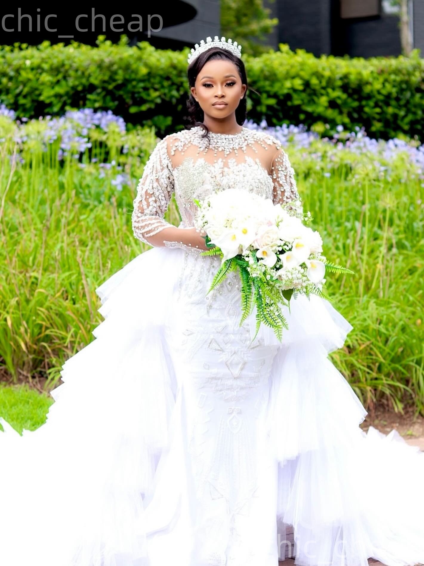 African Aso Ebi 2026 Ivory Mermaid Wedding Dress Beaded Crystals Lace Sheer Neck Luxurious Detachable Train Vintage Bridal Gowns Dresses ZJ233