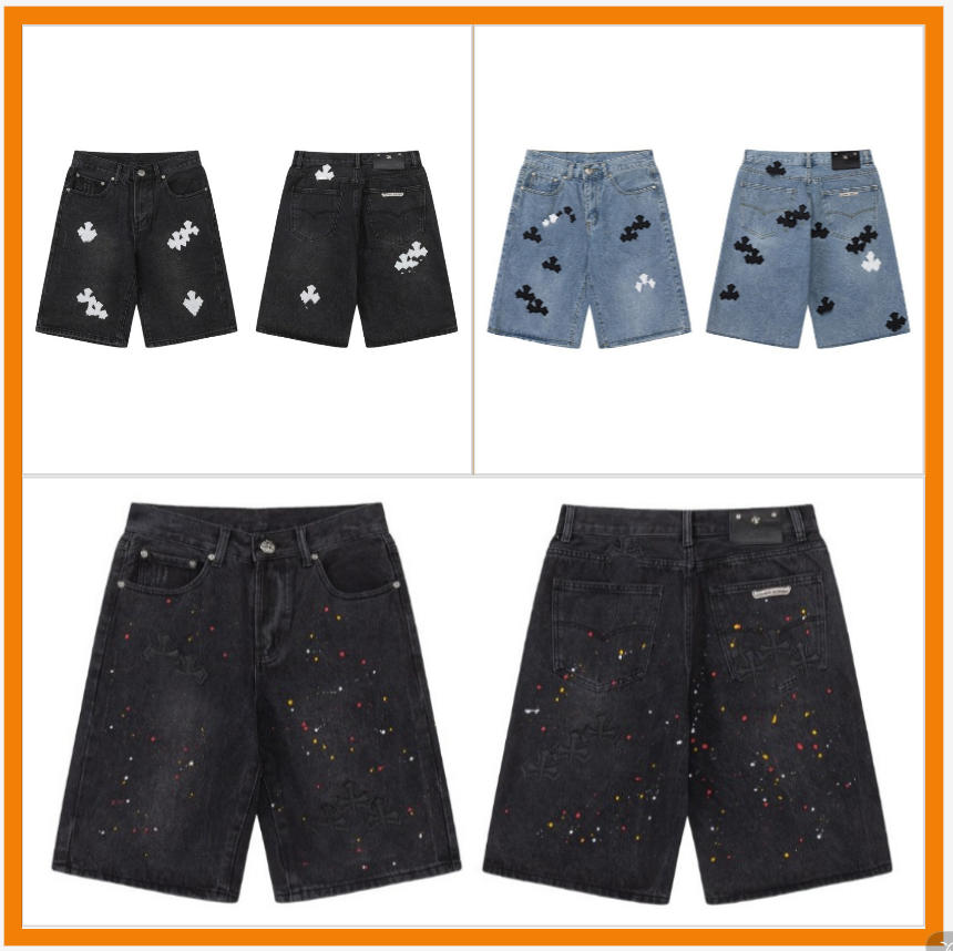 Designer shorts Cross Embroidered Vintage Hip Hop Loose Casual Loose Cowboy Shorts High Street Graphic Vintage European and American
