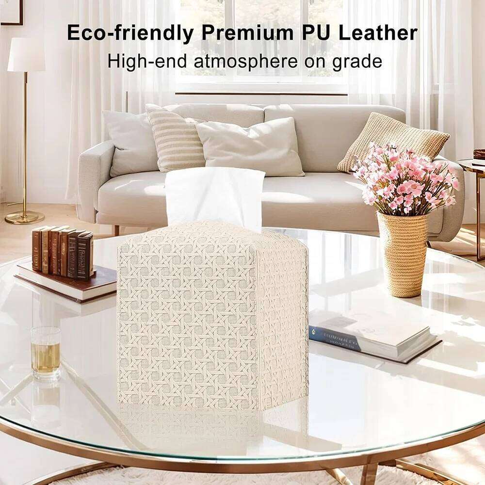 PU Leather Square Rattan Design Large-Capacity Drawer Supplies Foldable Tissue Box Cover for Home, Office, Car