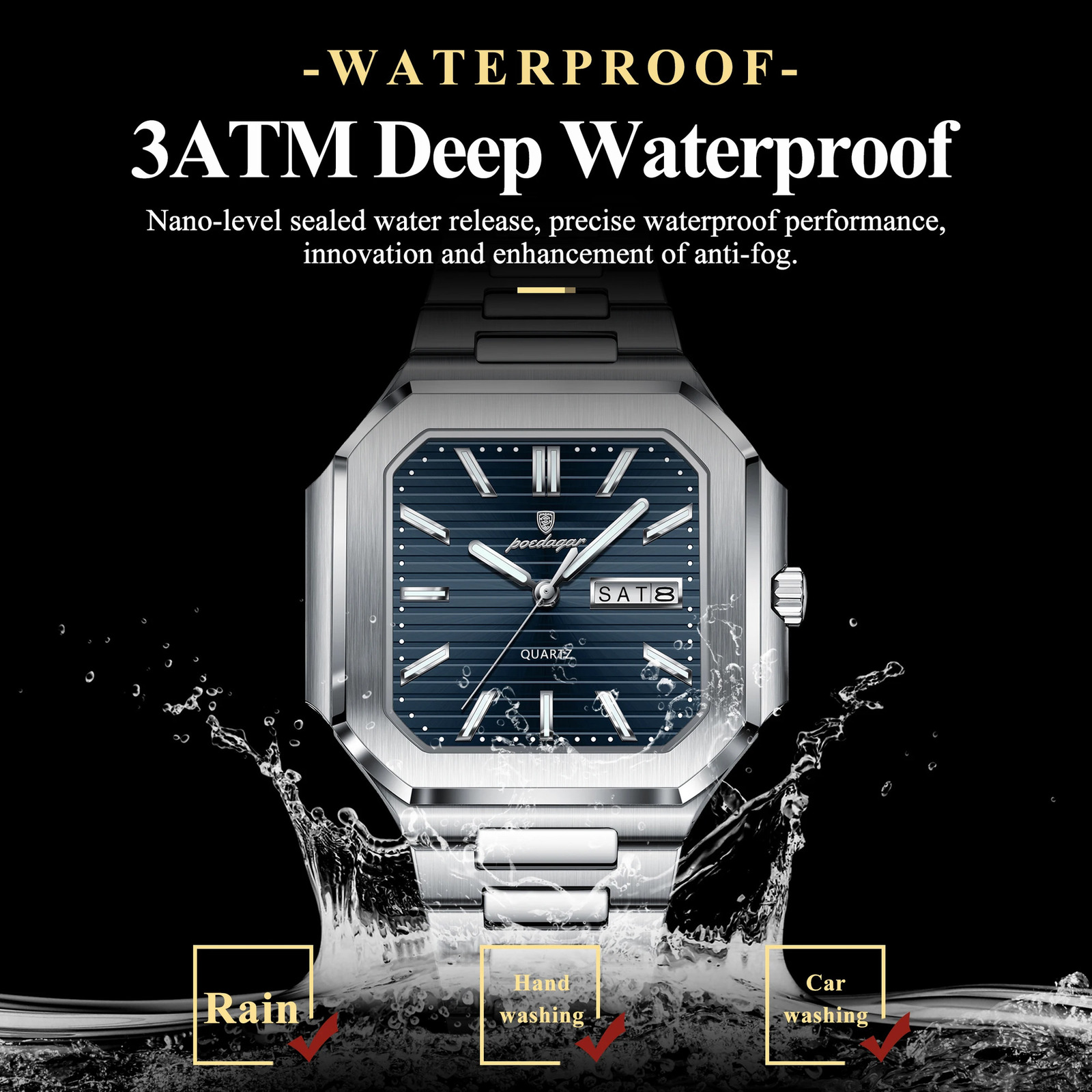 POEDAGAR Square Fashion Man Wristwatch Waterproof Luminous Date Week Quartz Mens Watches Stainless Steel Men Watch Reloj 260114