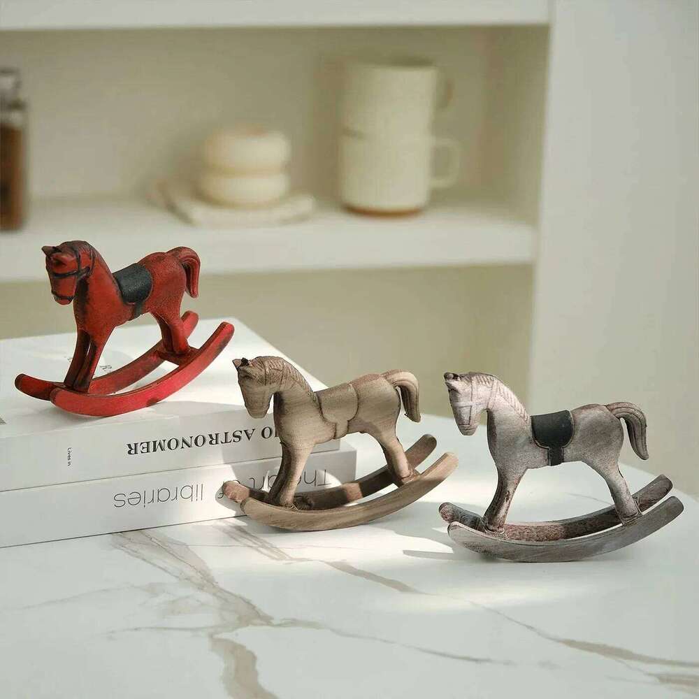 Wooden Nordic Retro Rocking Horse Ornament Desk & Decor Balance Art Adornment Creative Hand Carved Animal Figurines Xmas Kids Gift Crafts