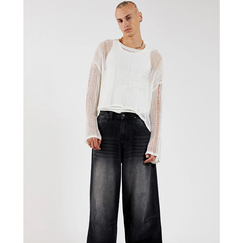 Men's Hollow Out Sheer Knit Sweater, Stretchy Loose Fit Long Sleeve Pullover, Trendy Streetwear Knitwear