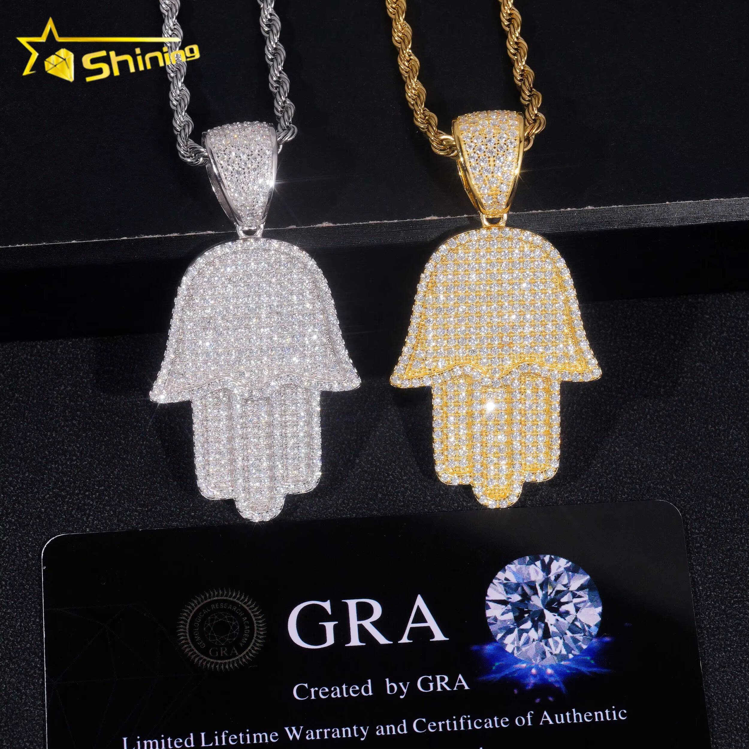 Iced Out Jewelry Pass Diamond Tester 925 Sterling Silver Hip Hop Moissanite Hamsa Hand Pendant