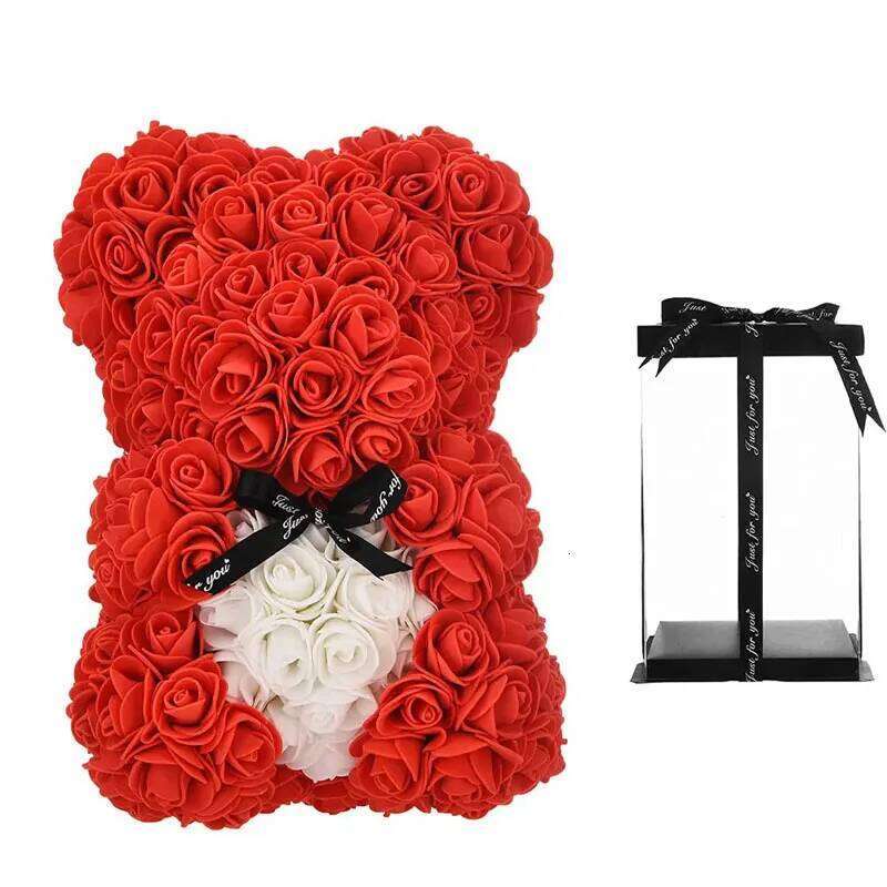 25cm Artificial Flowers Bear White Red Rose Valentines Day Gift Box Girlfriend Anniversary Wedding Dedcoration W260114