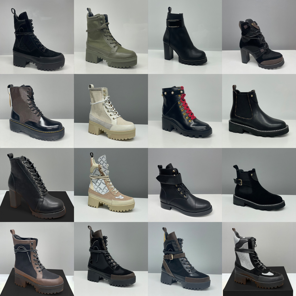 Designer Women Ankle Boot Luxury Martin Desert Boots Beige Ebony 100% Genuine Leather Quilted Lace-up Snow Boots High Heel Rubber Lug Sole Large Size NO13