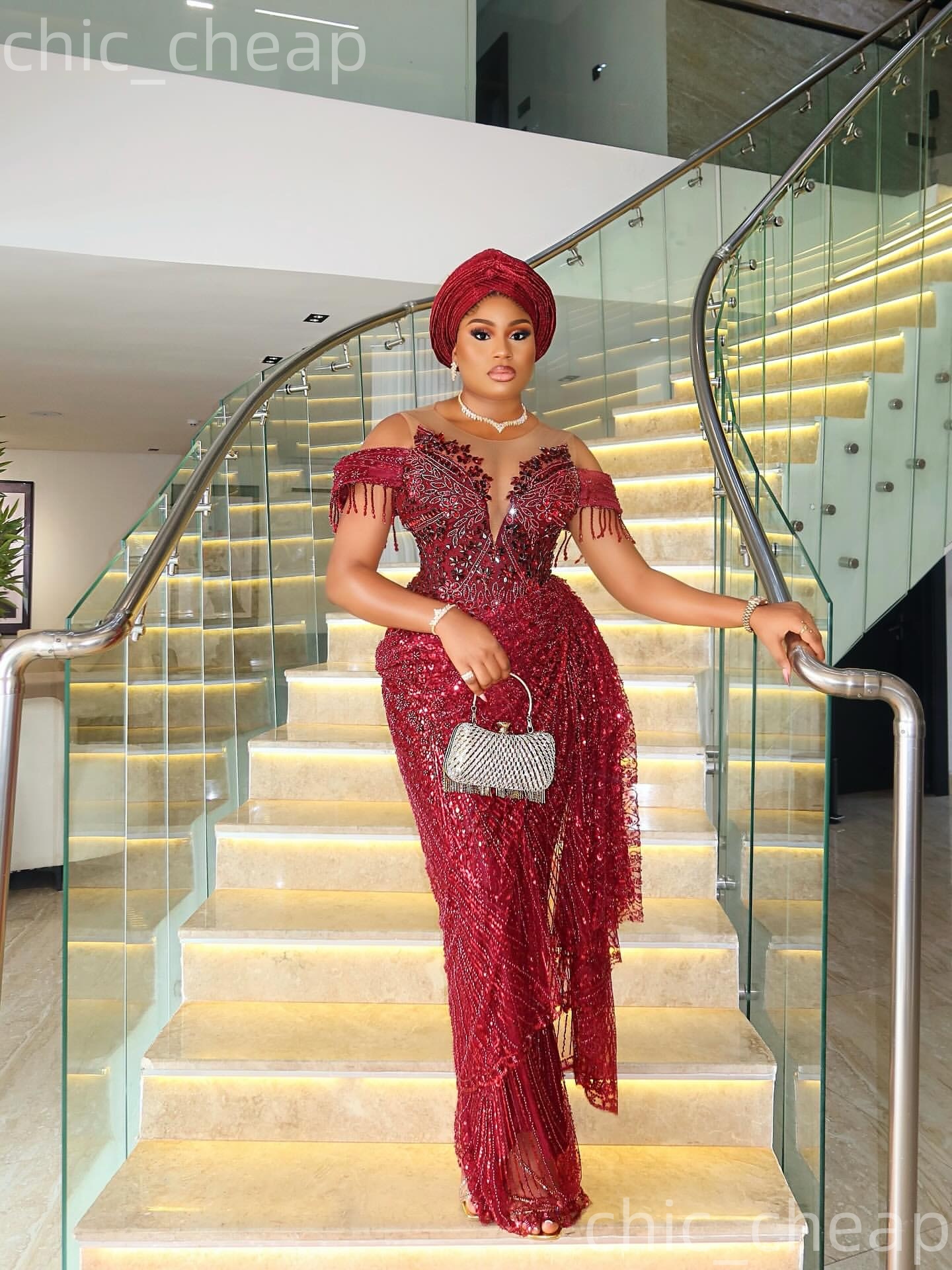 Aso Ebi Nigerian Burgundy Sheath Prom Dresses 2026 Beaded Crystals Sequined Evening Formal Party Second Birthday Engagement Gowns Dress For Special Oc