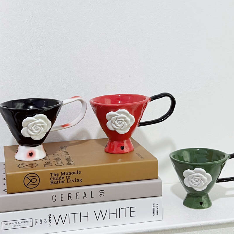 Ceramic Mugs Creative Embossed Rose Design Drinking Utensils Ergonomic Handle Coffee Goblet for Family Breakfast Table Home Decoration