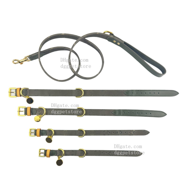 Classic Old Flower Pattern Dog Collar with Metal Charm Designer Pets Collar with Adjustable Buckle Luxury Leather Dog Chain Leash for Small Medium Dogs Olive Drab 340