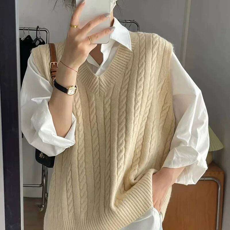 Women V-Neck Sweater Solid Color Sleeveless Loose Preppy Style Pullover Waistcoat Woman Casual Out Wear Knitted Jumper Vest