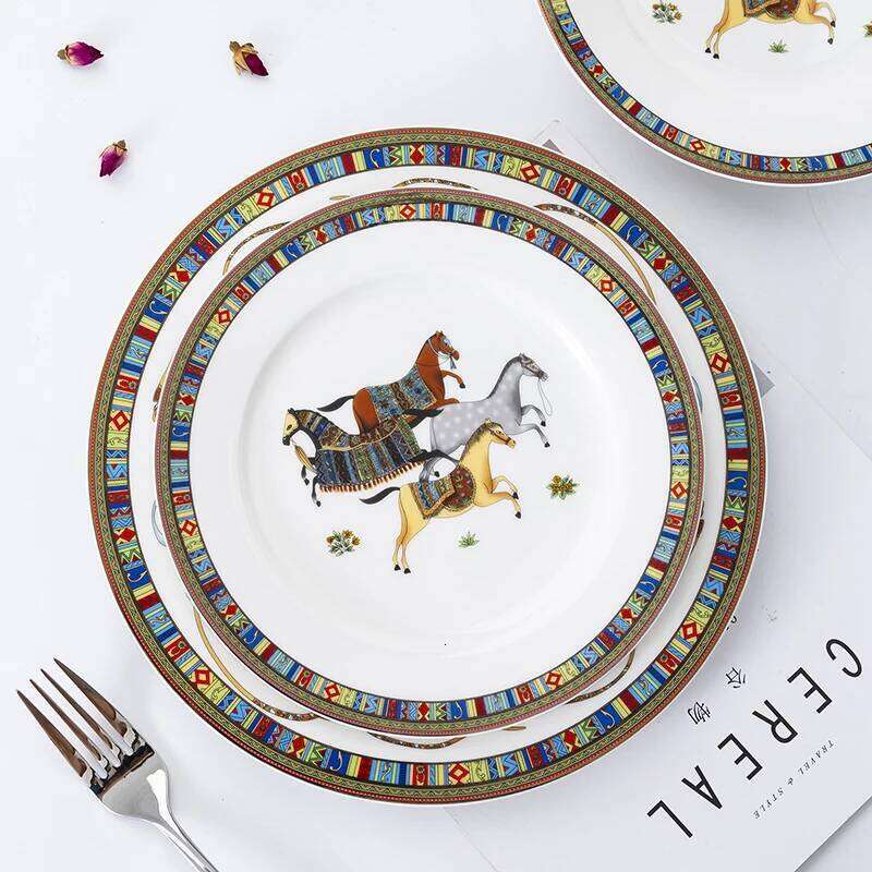 Tableware Plates Artistic Hand Painted Horse Dinner Plate Ceramic Kitchenware for Household Dining Room Serving Dish Decor
