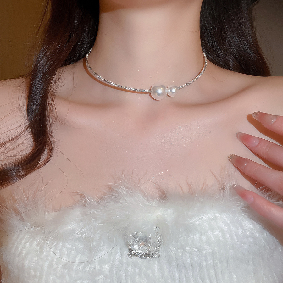 Trendy Single Row Silver Plated Choker Bracelet Set Pearl Round Korean Style Fresh Hanging Neck Chain U-Shaped - view 4