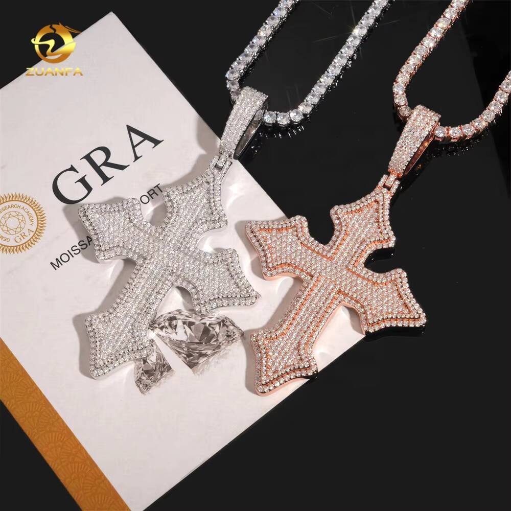Custom Made Iced Out Charm 925 Silver Diamond Cross Men Hip Hop Rose Gold Moissanite Pendant