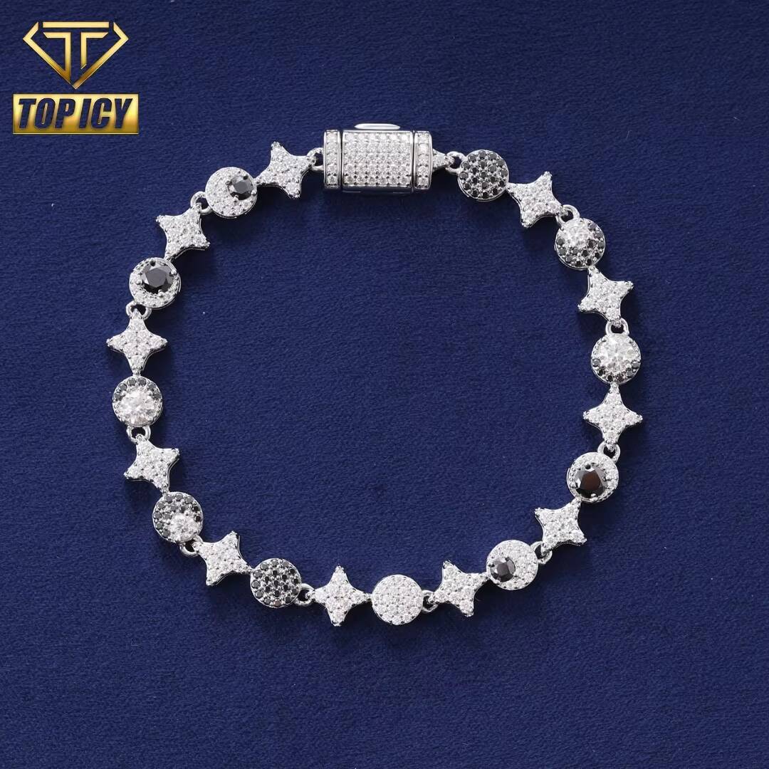 New Arrival 925 Sterling Silver 6mm Iced VVS D Moissanite Diamond Tennis Chain Bracelet with Sun Moon Star Passes Diamond Tester