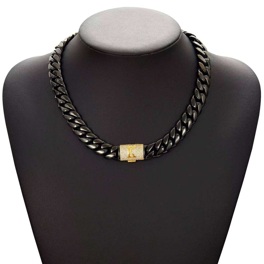 Men's New Black Cuban 26 English Letters Flip-Over Drill Buckle Stainless Steel Password Chain fashion Necklace