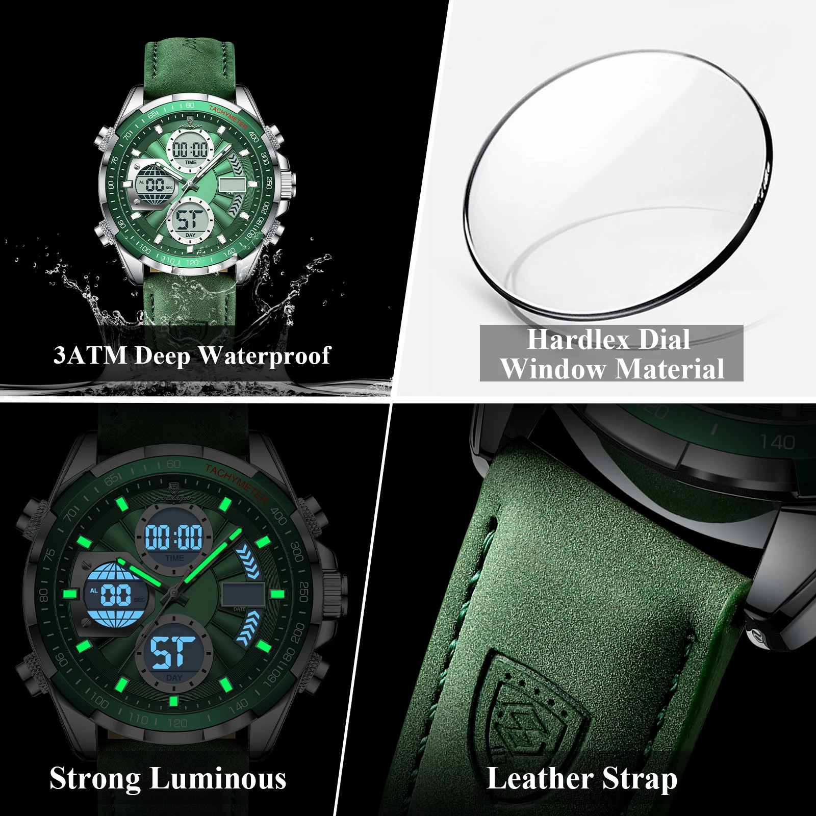 POEDAGAR LED Men Watch Luminous Week Date Dual Time Display Digital Man Clock Alarm Electronic Mens Quartz Watches Reloj 260114
