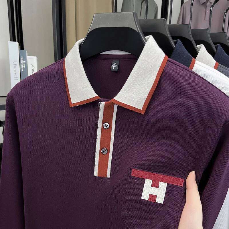 Light Luxury Fashion 100 Pure Cotton Polo Shirt Mens Long Sleeved Autumn New Item Middle-Aged Dad Collar Base T-Shirt2