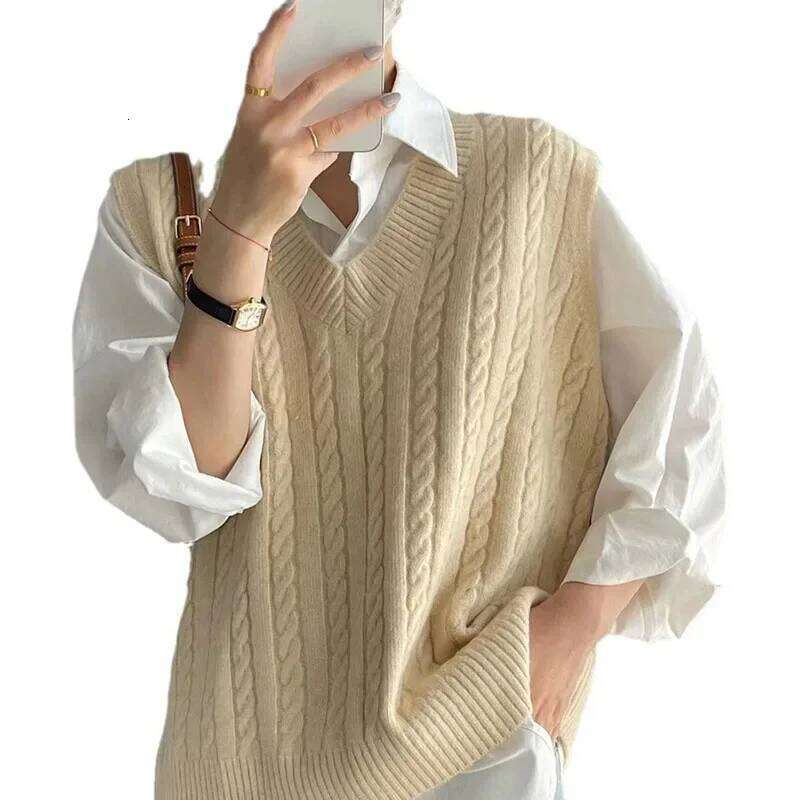 Women V-Neck Sweater Solid Color Sleeveless Loose Preppy Style Pullover Waistcoat Woman Casual Out Wear Knitted Jumper Vest