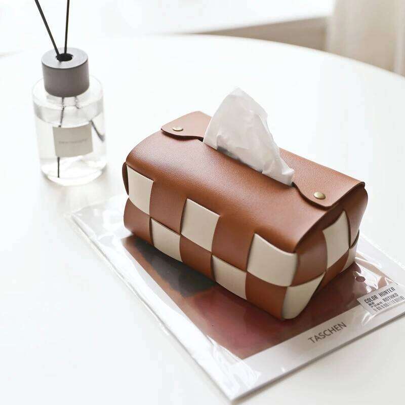 Household Items Checkerboard Woven PU Leather Tissue Box Cover Kitchenware Organizer for Living Room Bedroom Office Outdoor Restaurant Durable