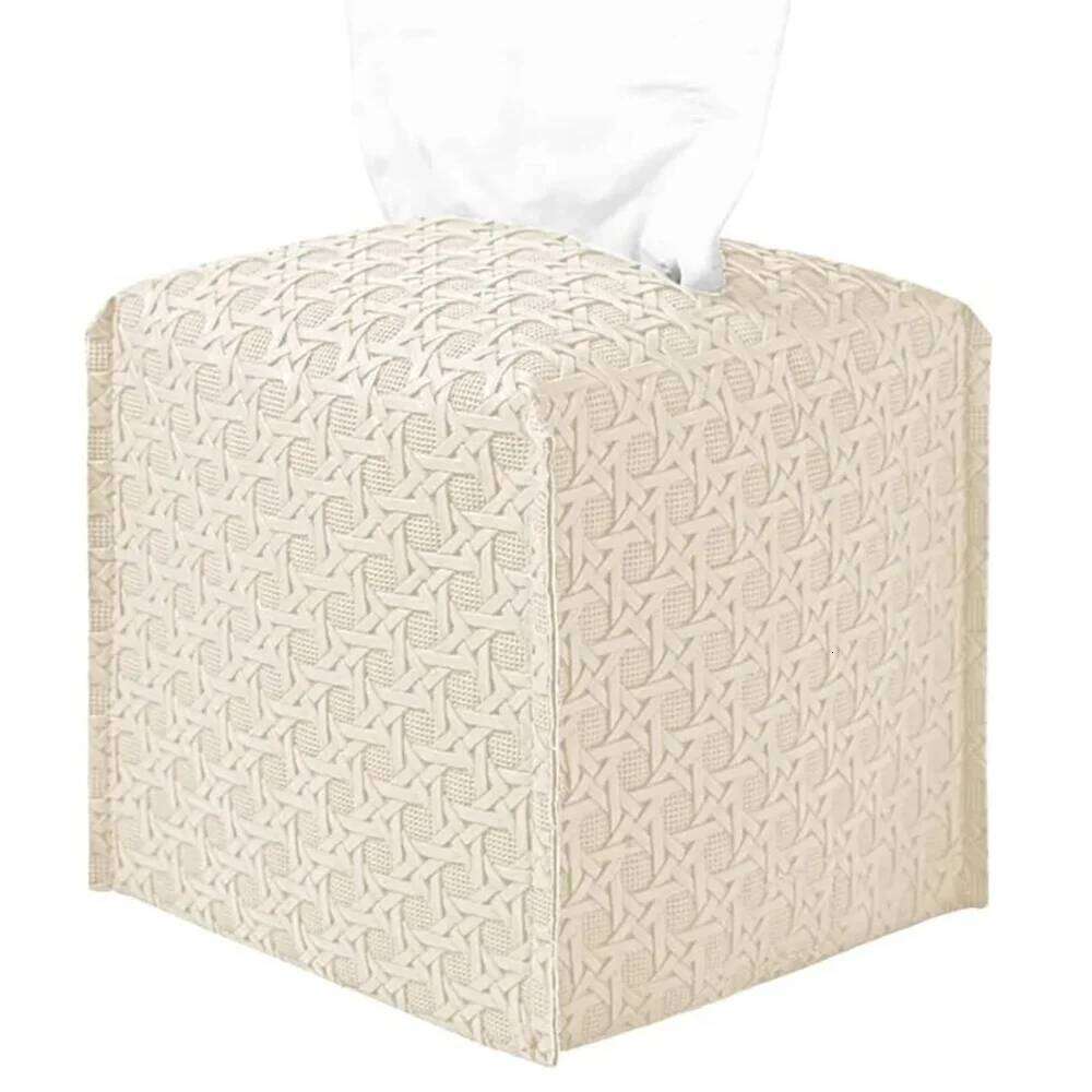 PU Leather Square Rattan Design Large-Capacity Drawer Supplies Foldable Tissue Box Cover for Home, Office, Car