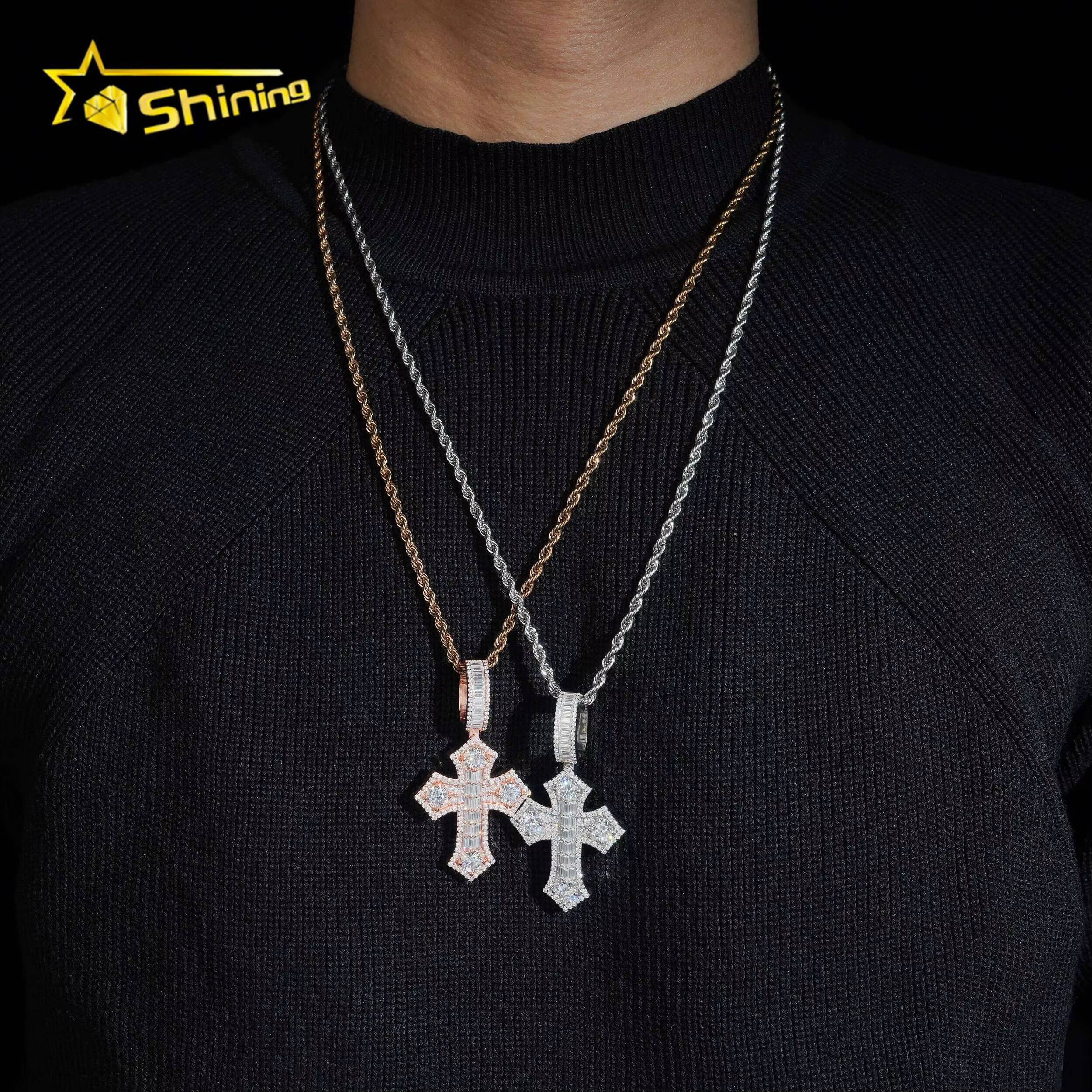 Moissanite Pendant Silver 925 Gold Plated Fine Jewelry Necklace Baguette Moissanite Pass Diamond Test Hip Hop Pendant