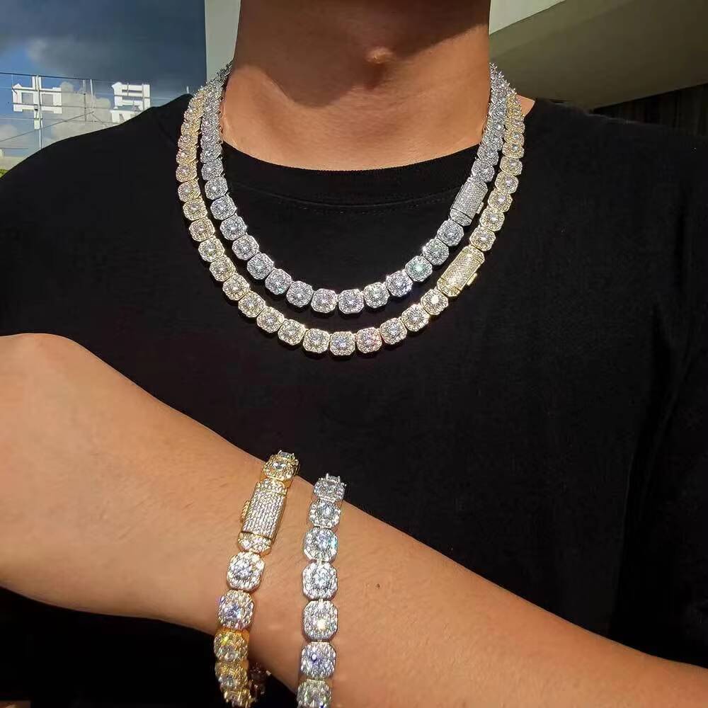 Yu Ying 925 Sterling Silver Mens Hip Hop Cuban Link Chain Necklace 12mm 8mm Moissanite Diamond Iced Pig Nose Style