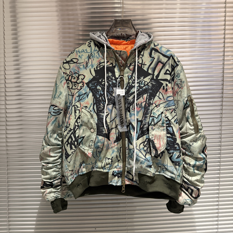 Hand-painted Streetwear Quilted Bomber Jacket Large Size With Patchwork Design Suitable for Men Women 26ss 0114