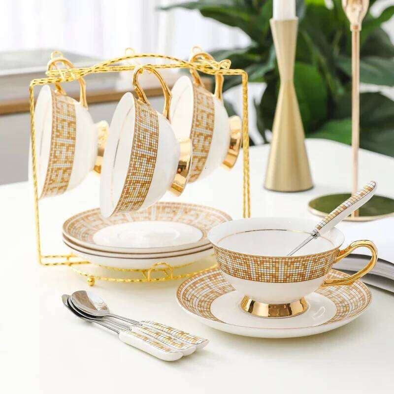 Ceramic Flower Teacup Vintage Luxury Coffee Cups GoldPlated Combination Royal Afternoon Tea Set Kitchen Tableware Gift