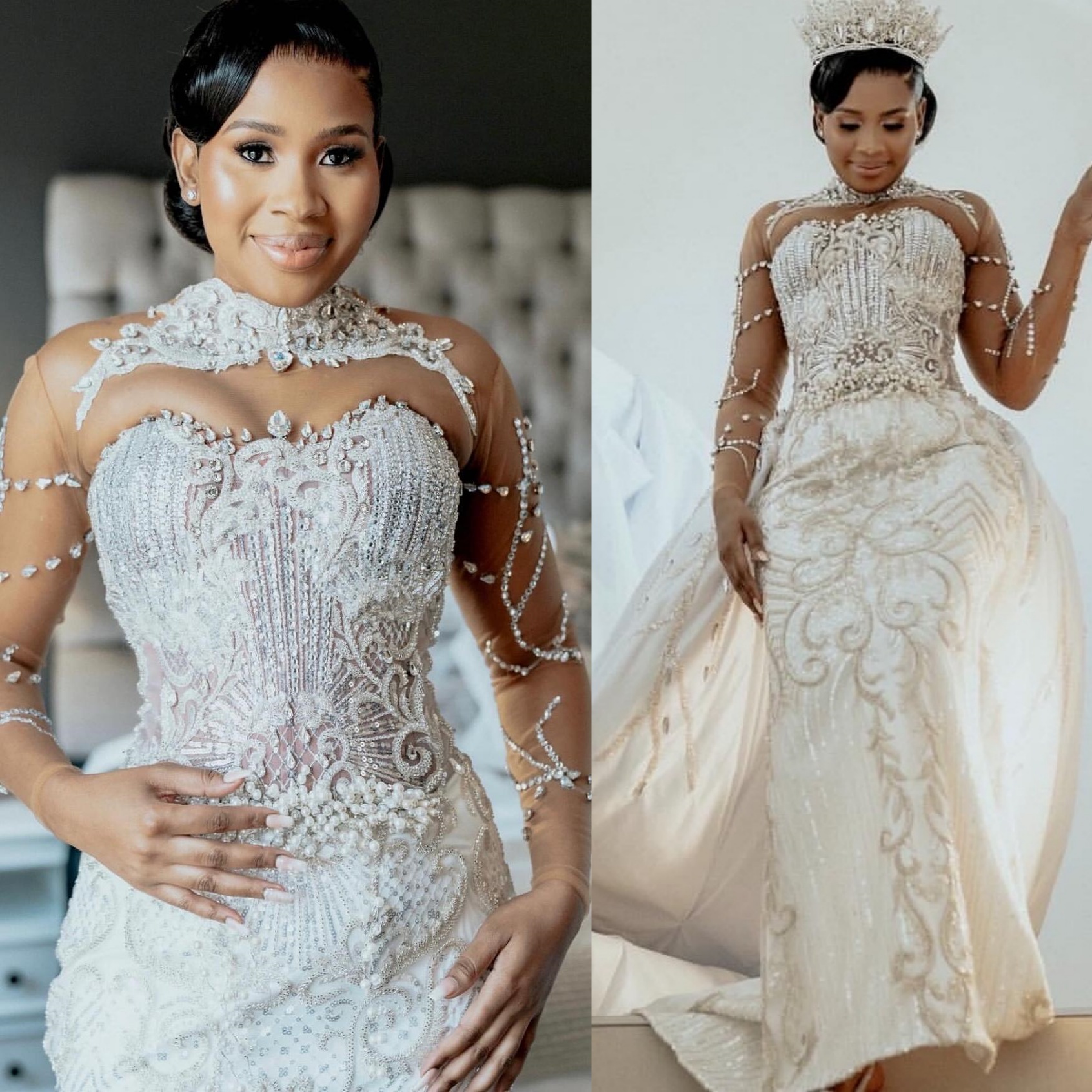 African Aso Ebi 2026 Ivory Mermaid Wedding Dress Pearls Crystals Embroidery Lace Detachable Train Vintage Bridal Gowns Dresses ZJ233