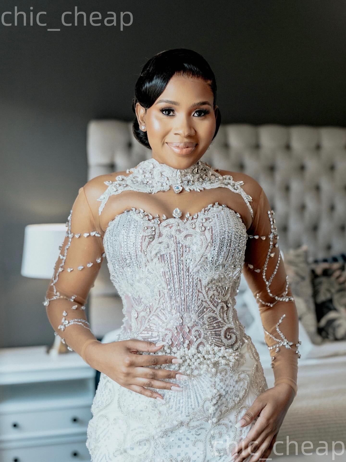 African Aso Ebi 2026 Ivory Mermaid Wedding Dress Pearls Crystals Embroidery Lace Detachable Train Vintage Bridal Gowns Dresses ZJ233