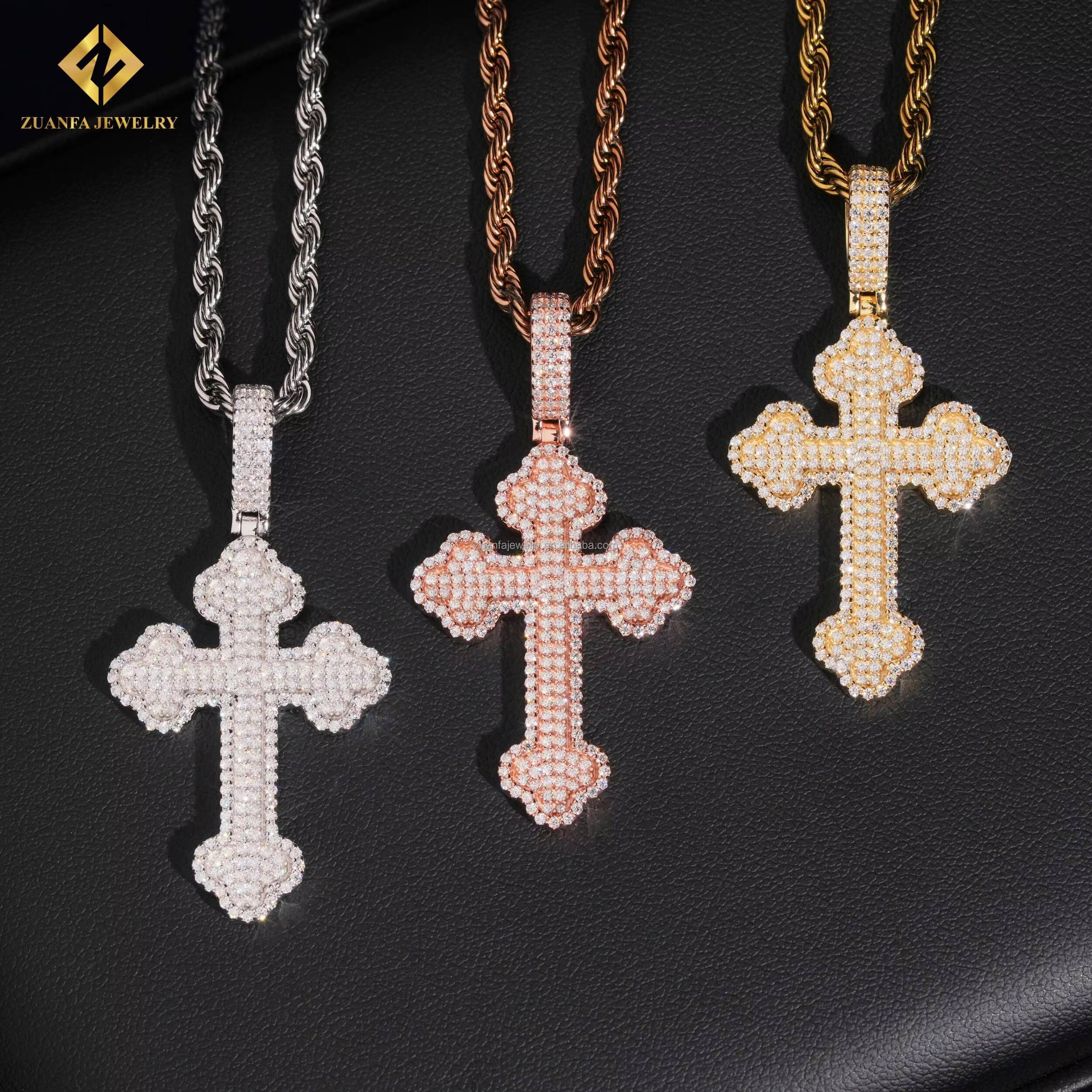 Bulk Stock Fire Jewelry Drop Shipping Fashion Hip Hop Iced Out Round Moissanite 925 Sterling Silver Cross Pendant Man Gift