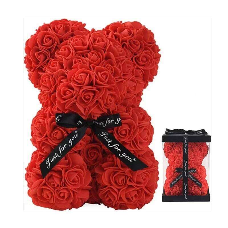 Rose Artificial Foam Flowers Bear, Romantic Gift for Valentine's Day, Anniversary, Wedding, Birthday with Box W260114