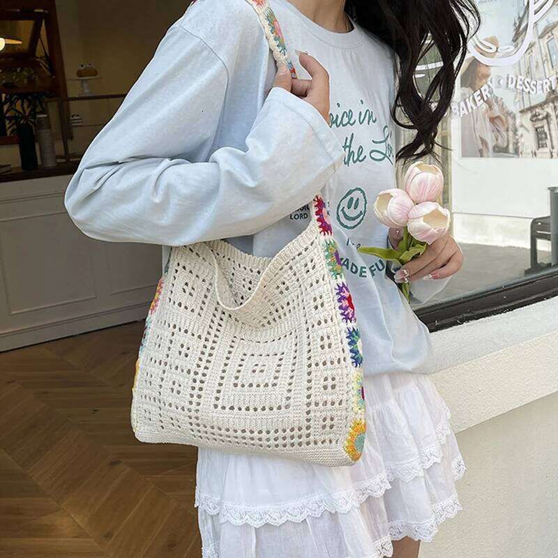 Large Capacity Fashion Boho Tote Trendy Floral Crochet Handmade Knitted Bag Vintage Multicolor Hollow Out Handbag