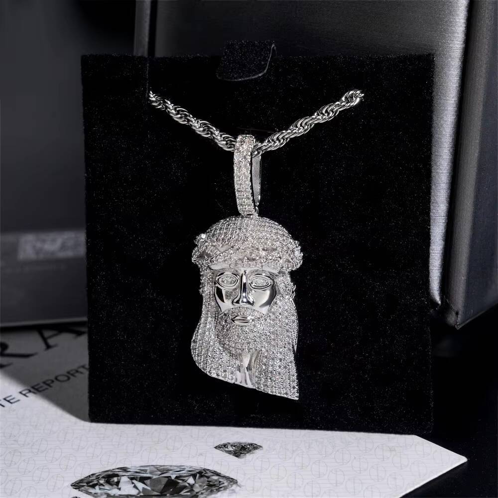 Mens Iced Out 925 Sterling Silver Vvs Diamond Mossanite Moissanite Hip Hop Jesus Head Piece Pendant 925 With Rope Chain Necklace