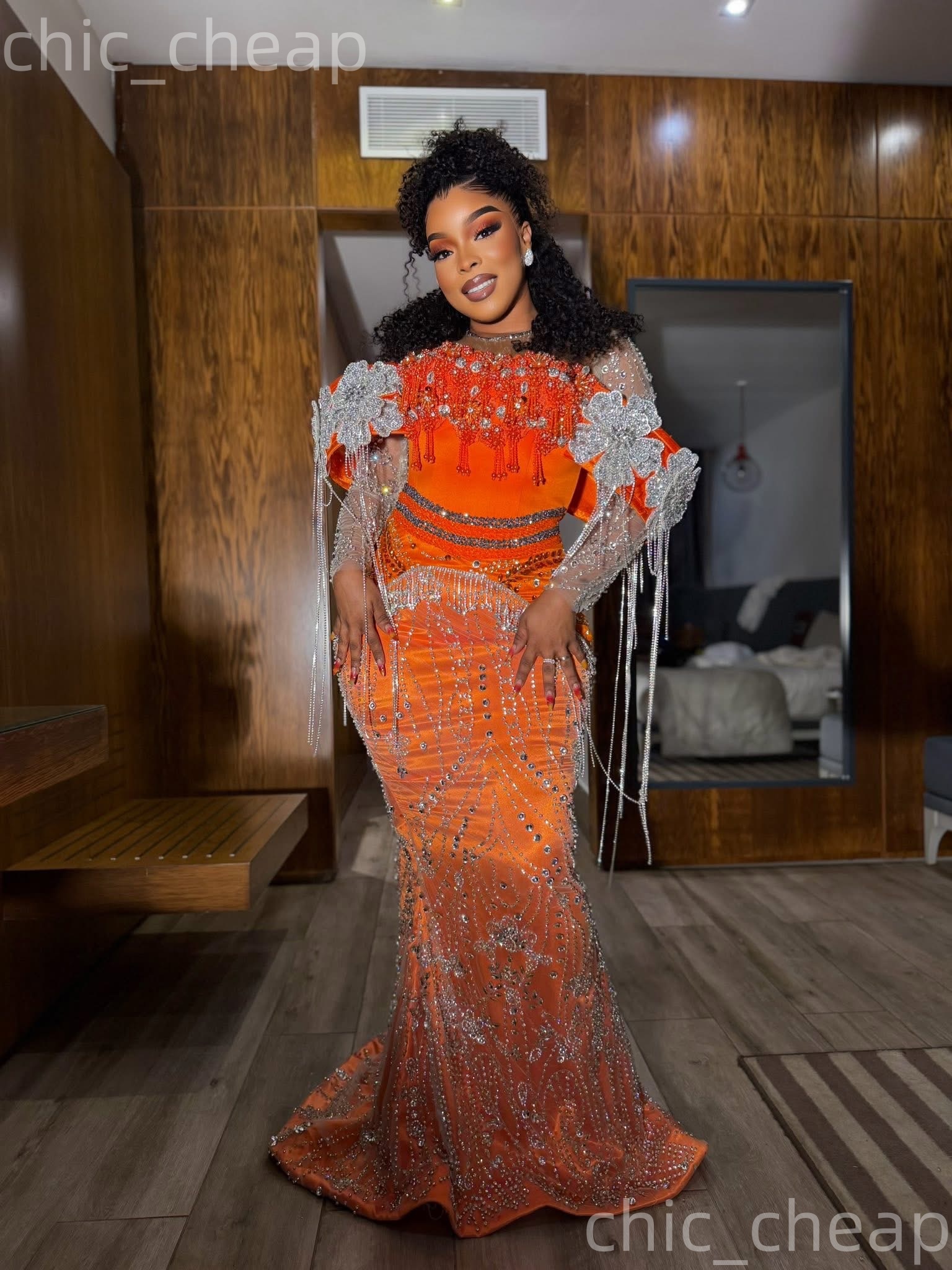 Aso Ebi Orange Mermaid Prom Dresses 2026 Flowers Crystals Tassels Sequined Evening Formal Party Second Birthday Engagement Gowns Dress For Special Occ