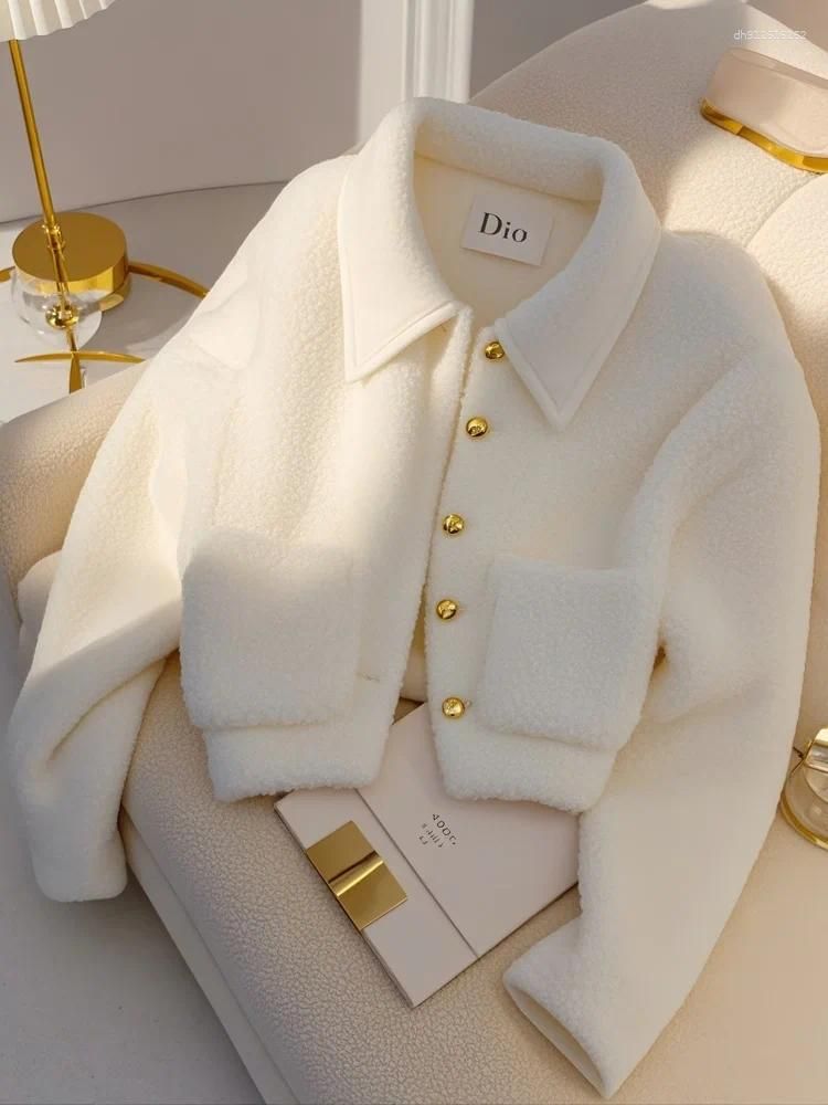 Designer Women's Jackets Small Fragrance Coats Solid Color Turn Down Collar Long Sleeve Pockets Lamb Wool Short Winter All Match Clothing
