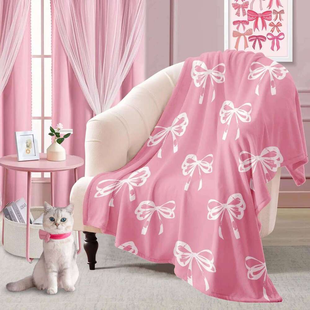 Cozy Flannel Blanket Soft Plush Pink Bowknot Design Decorative Throw For Home Bedroom Sofa Living Room Couch Outdoor Use Warm Comfy Accent