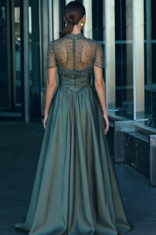 Luxury Beading Embrodiery Evening High Neck Cap Sleeve Women Formal Party Guest Outfit Pleats A Line Long Prom Dress With Pocket Bc19372 B0312