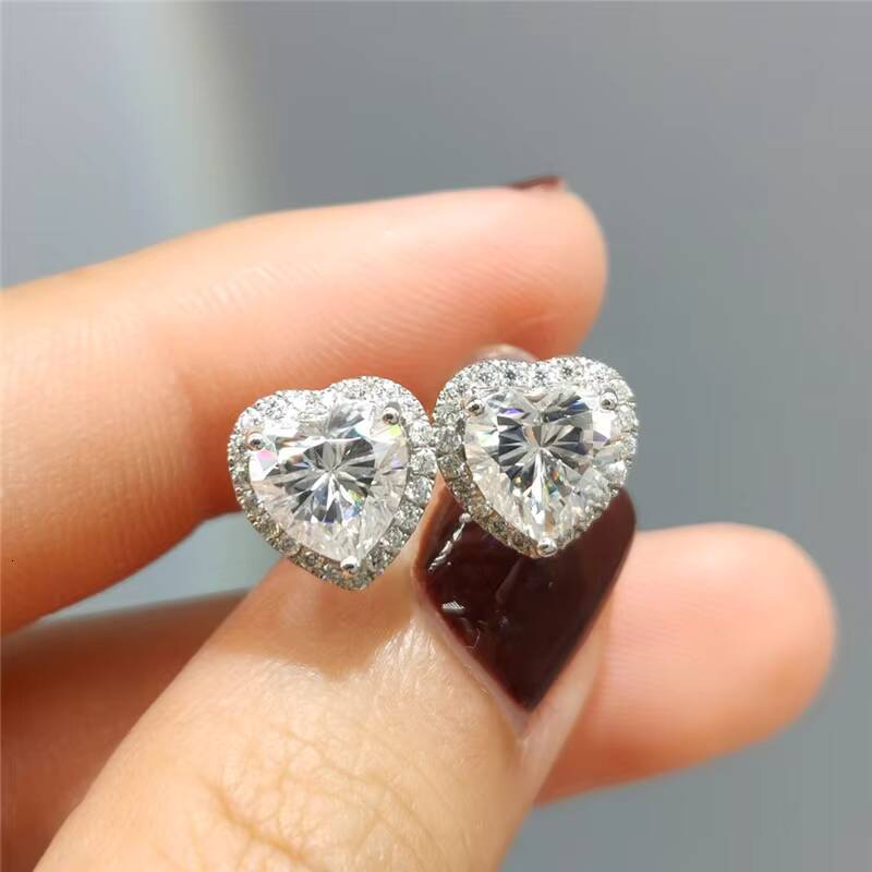Silver 925 Original Total 4 Carat Brilliant Cut Diamond Test Past D Color Heart Moissanite Wedding Stud Earrings Fine Jewelry