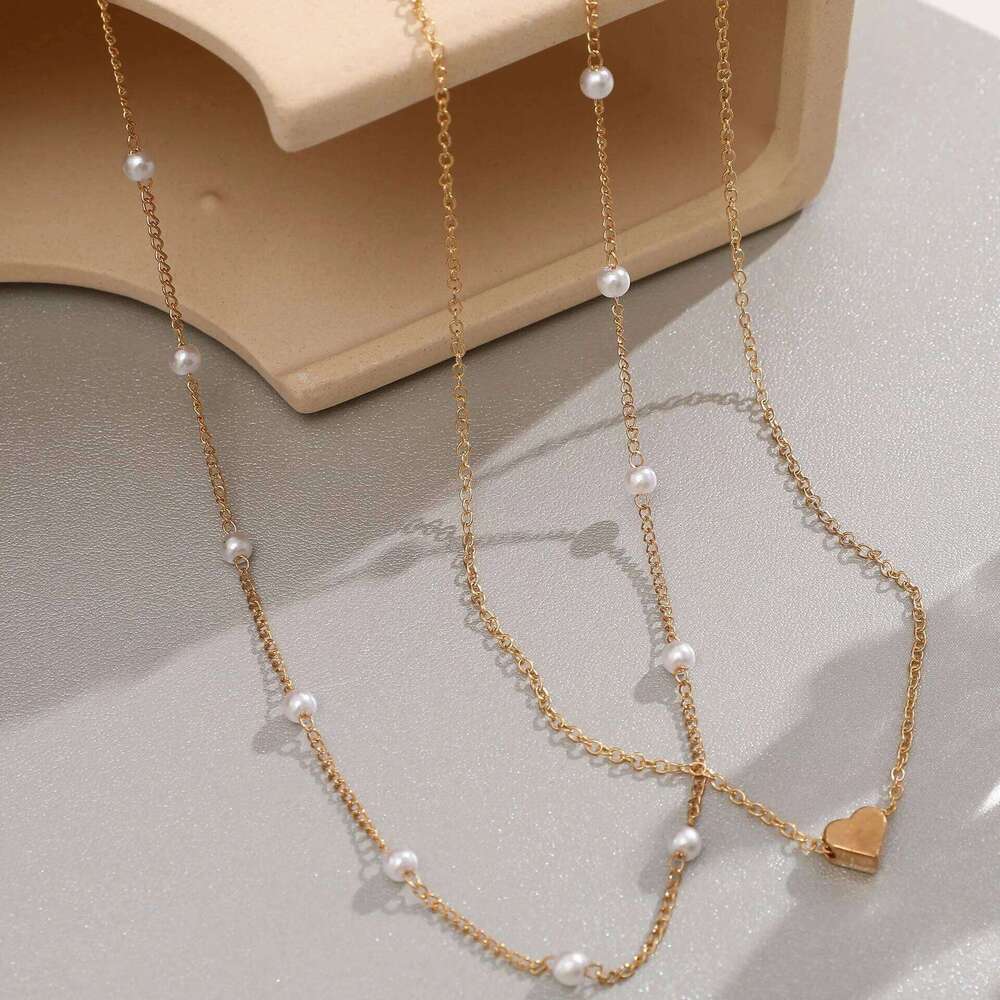 Fine Jewellery Necklace Jewellery Simulated Pearl Choker Double Layer Chain with Small Love Heart Pendant for 1 Daily Wear and Special Occasion Gift H